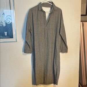 Gray Striped Natural Fiber Long-Sleeve Dress Lagenlook Coastal Grandma